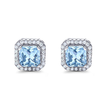 Halo Stud Earrings Wedding Princess Cut Simulated Aquamarine CZ Solid 925 Sterling Silver